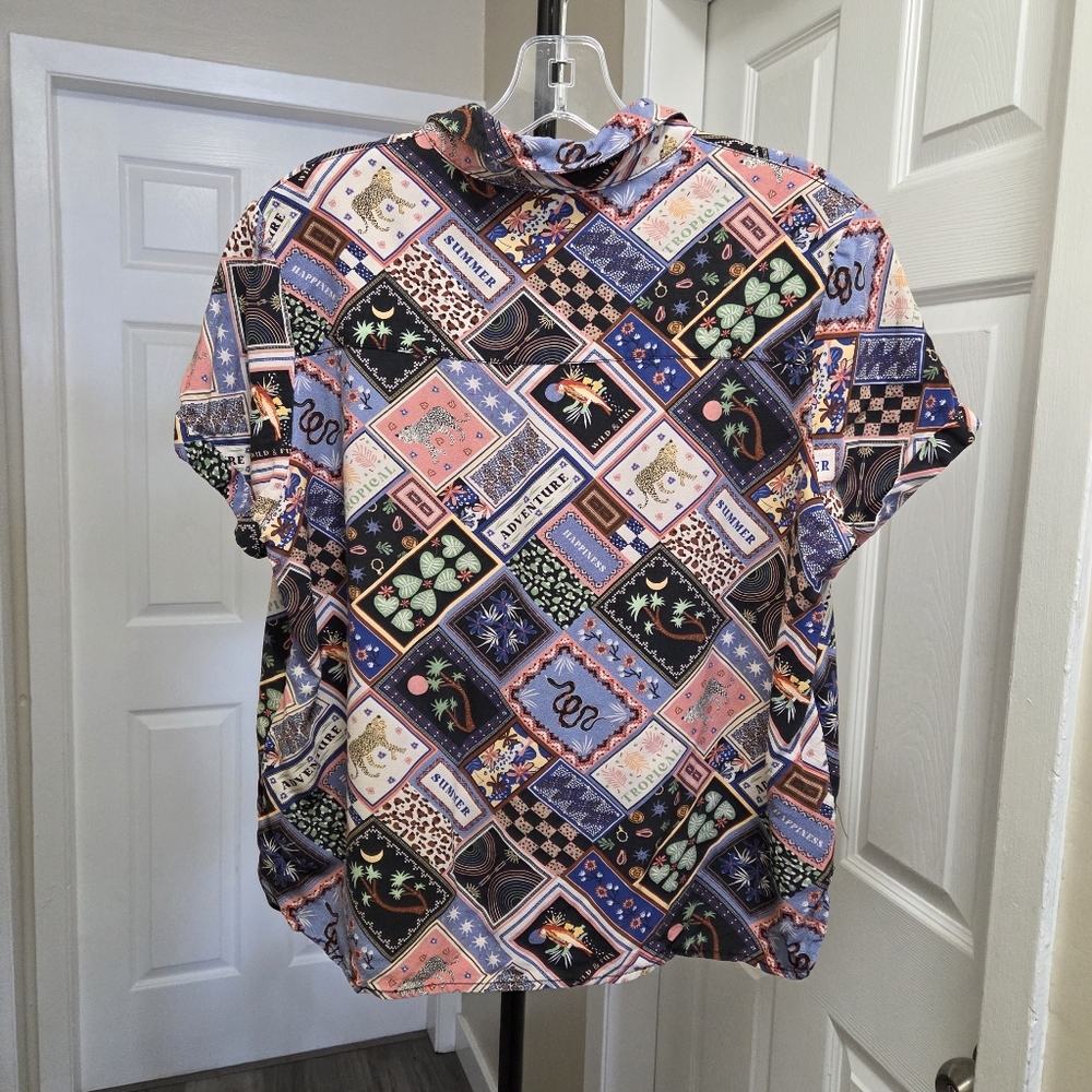 Twik Par Simons 100% Viscose Patchwork Printed Button-Up Blouse - Picture 6 of 7